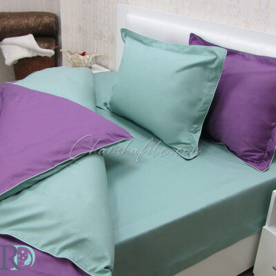 Двуцветен спален комплект от памучен сатен - тюркоаз и лила
